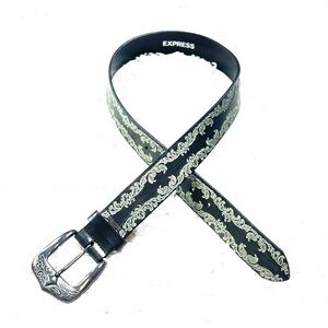 Express Vintage Western Leather Women’s Belt Small Black White Buckle Adjustable
